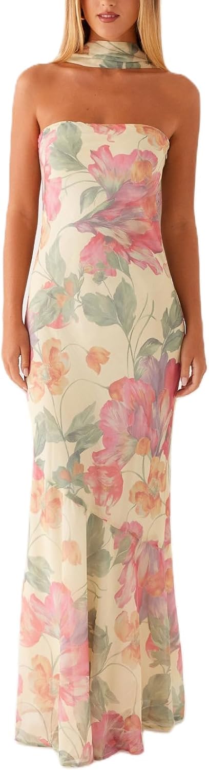 Edhomenn Women Y2K Floral Formal Strapless Maxi Dress Sexy Sleeveless Backless Mesh Long Bodycon Tube Summer Sundress