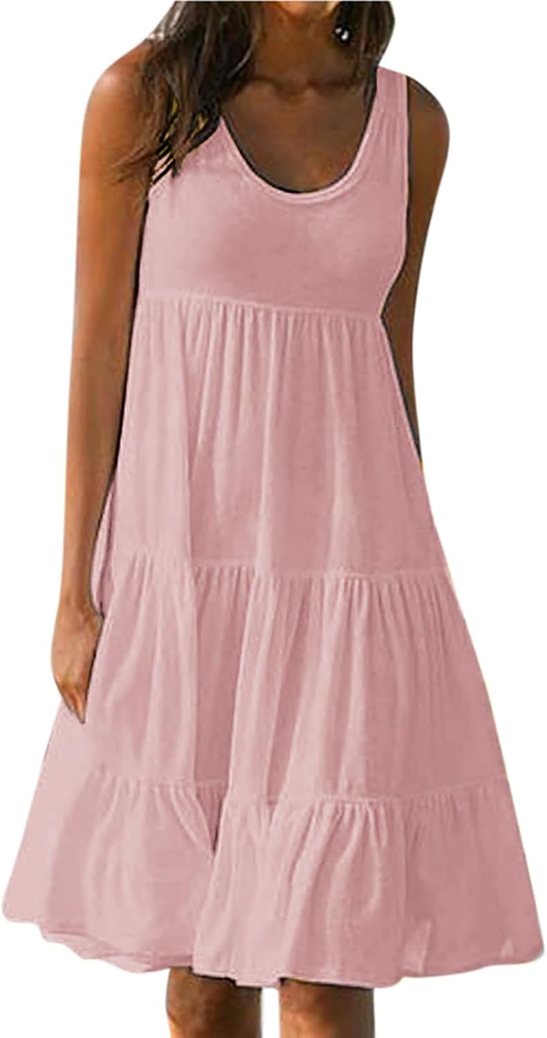 Women's Gradient Printed Sleeveless Beach Dresses, Casual Round Neck Plus Size Dress, Summer Loose Fitted Midi Dress