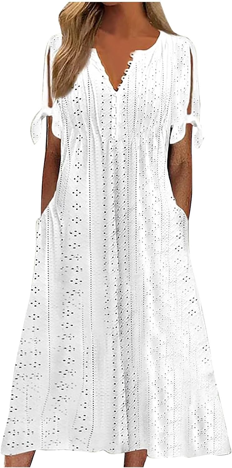 Midi Dresses for Women UK Short Sleeve V Neck Button Floral Dress Summer Casual Loose Fit Long Dresses with Pockets Comfy Lounge T Shirts Dress Beach Holiday Elegant Sundress Sale Clearance