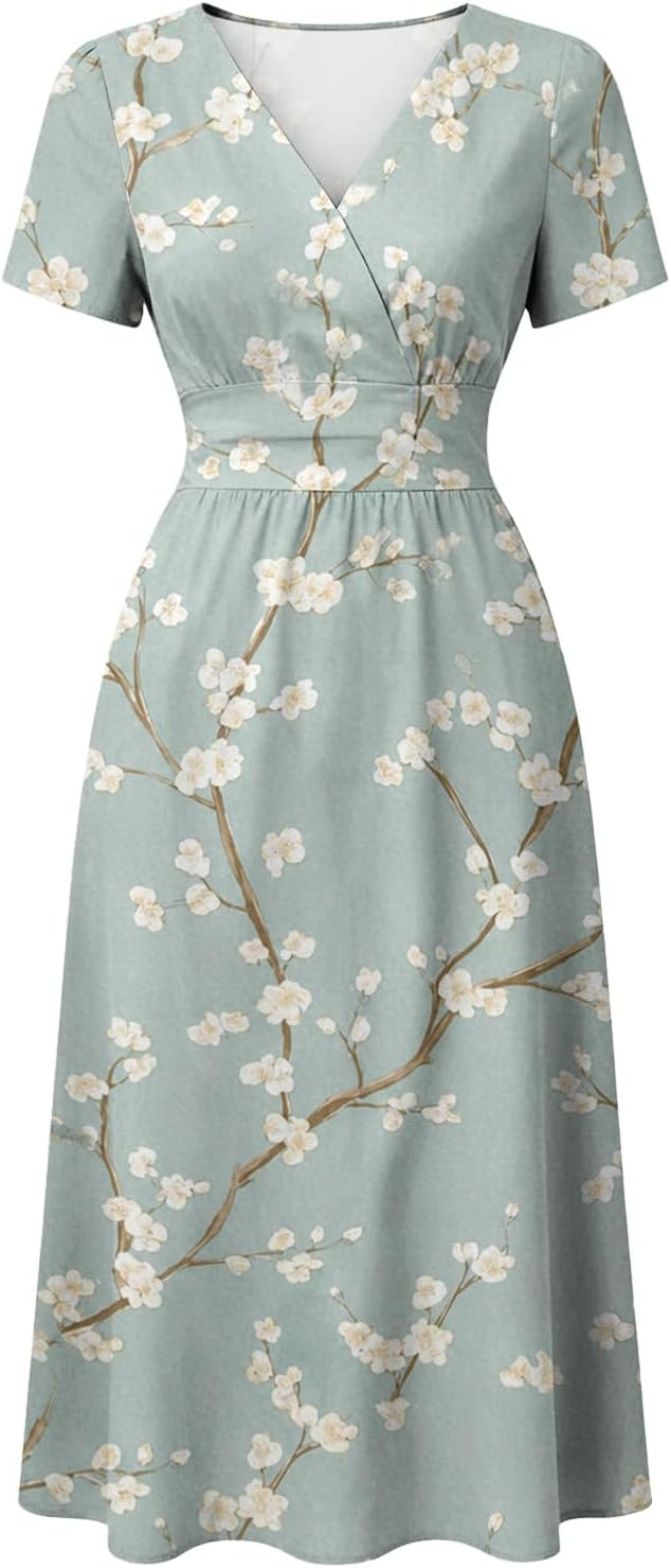 Floral Dresses for Women UK Work Office Elegant Modest Wrap Maxi Dresses A Line Lightweight Knee Length Summer Holiday Ladies Sundress Fit and Flare Dress - Image 4