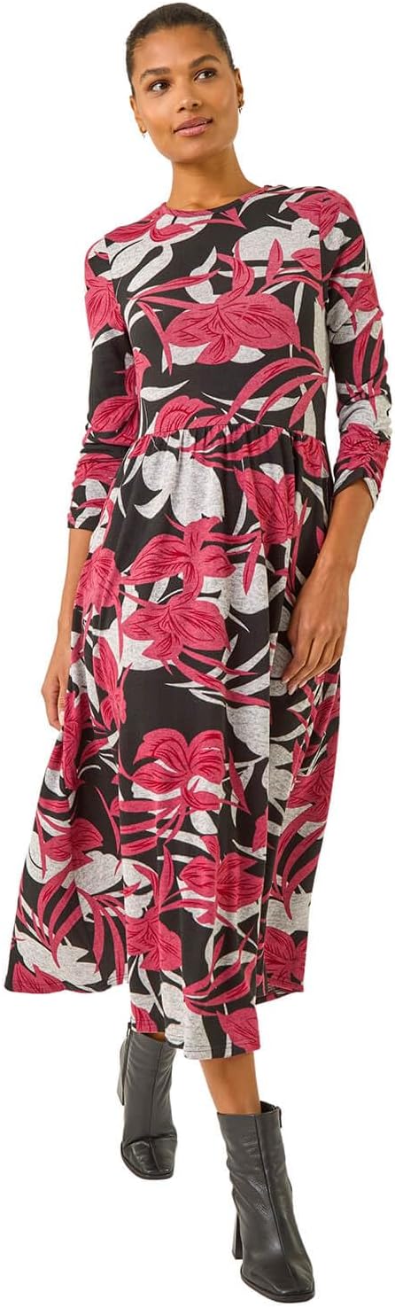 Roman Originals Midi Dress with Pockets for Women UK Ladies Stretchy Jersey Maxi Long 3/4 Length Sleeve Gathered High Waist Boho Flattering Skater Swing Fit Flare - Image 2