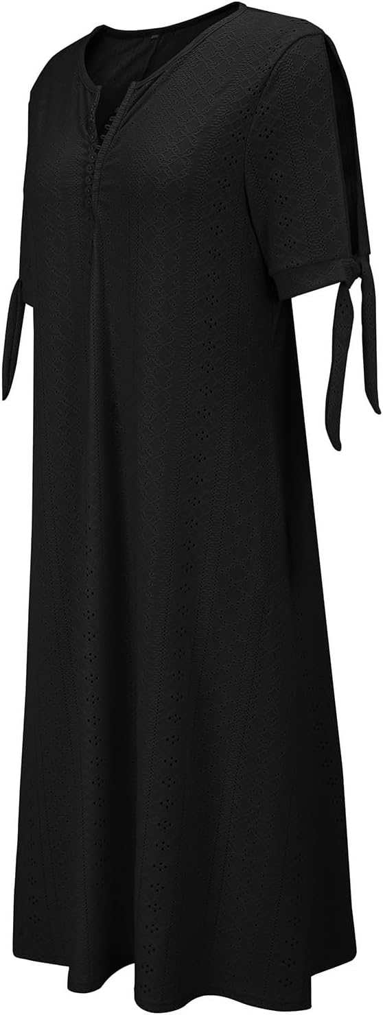 HOOUDO Summer Dresses for Women UK Loose Casual Maxi Dress Short Sleeve V Neck Tunic Flowy Pleated Beach Sundress Plus Size Ladies Boho Dress Holiday Dresses - Image 4