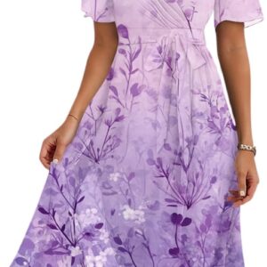 Floral Printed Wrap Dress Women Summer Casual Ladies Dresses Elegant V Neck Short Sleeve Midi Dress Lightweight Holiday Soft Clothing Fashion Wedding Guest Dresses