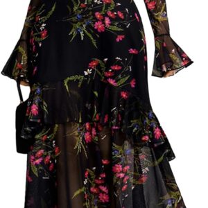 GothDark Womens Floral Maxi Dress Sheer Mesh Bell Sleeve Tiered Ruffle Gothic Romantic Casual Long Dresses