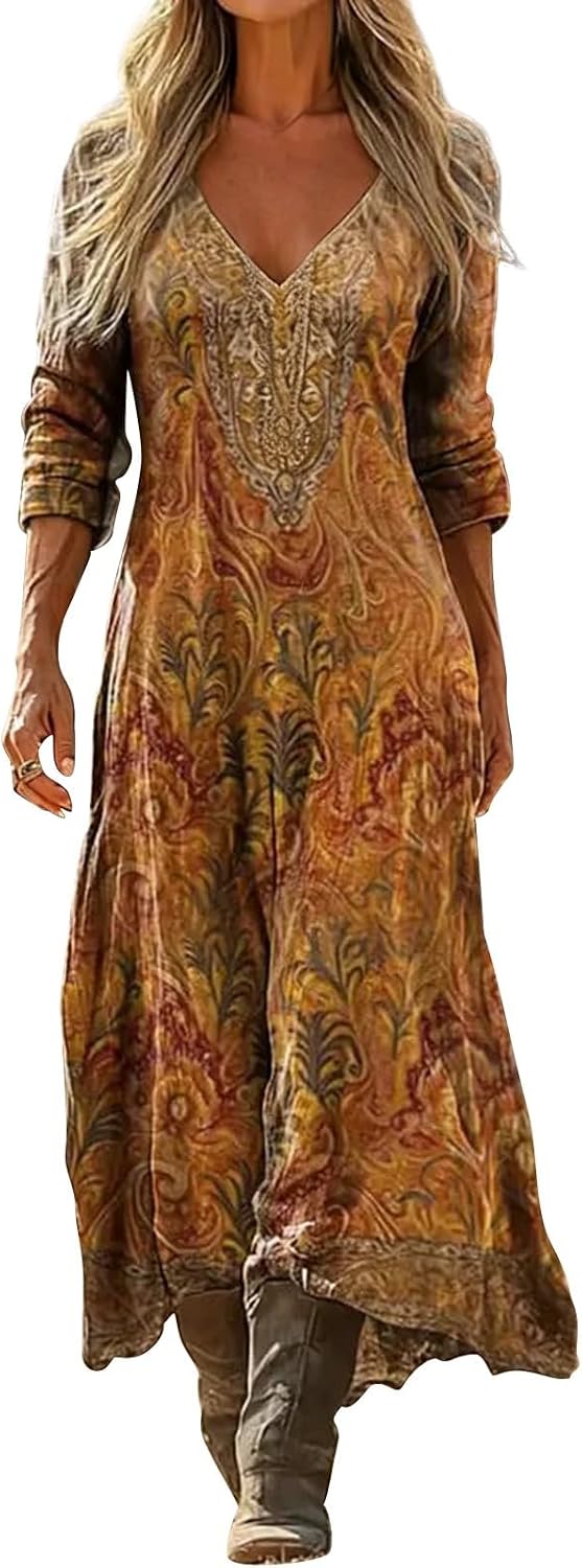 Women Western Style Dresses Irregular Boho Floral Print Vintage Maxi Dress