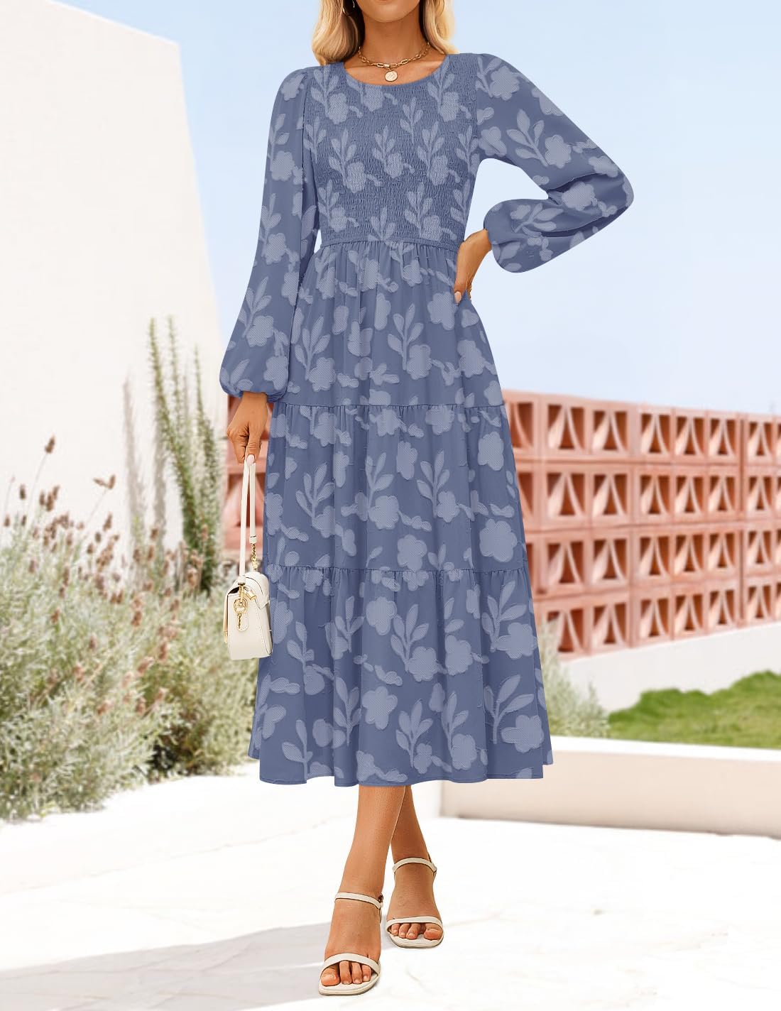ZESICA Women's Fall Boho Floral Midi Dress 2025 Casual Long Sleeve Crewneck Flowy Wedding Guest Long Dresses - Image 4