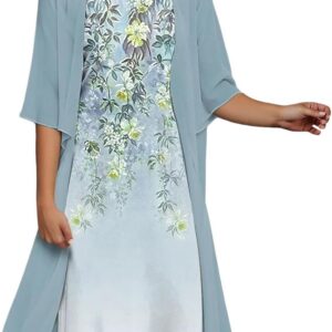 Mother of The Bride Dresses 2 Piece Outfits Women Half Sleeve Open Front Lightweight Long Cardigans and Elegant Floral Print Boho Dress Beach Vacation Evening Party Wedding Guest Frocks for Women