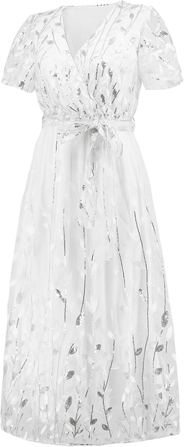 Zeiayuas Cocktail Party Work Dress for Women UK Elegant V Neck Short Sleeve Midi Dress Evening Party Formal Tunic Dresses Ladies Embroidered Floral Lace Mesh Dresses - Image 6