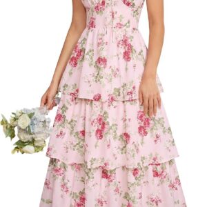 Scarlet Darkness Women’s Floral Maxi Dress Summer Wedding Guest Dress Tiered Sleeveless Lace Up Corset Sundress