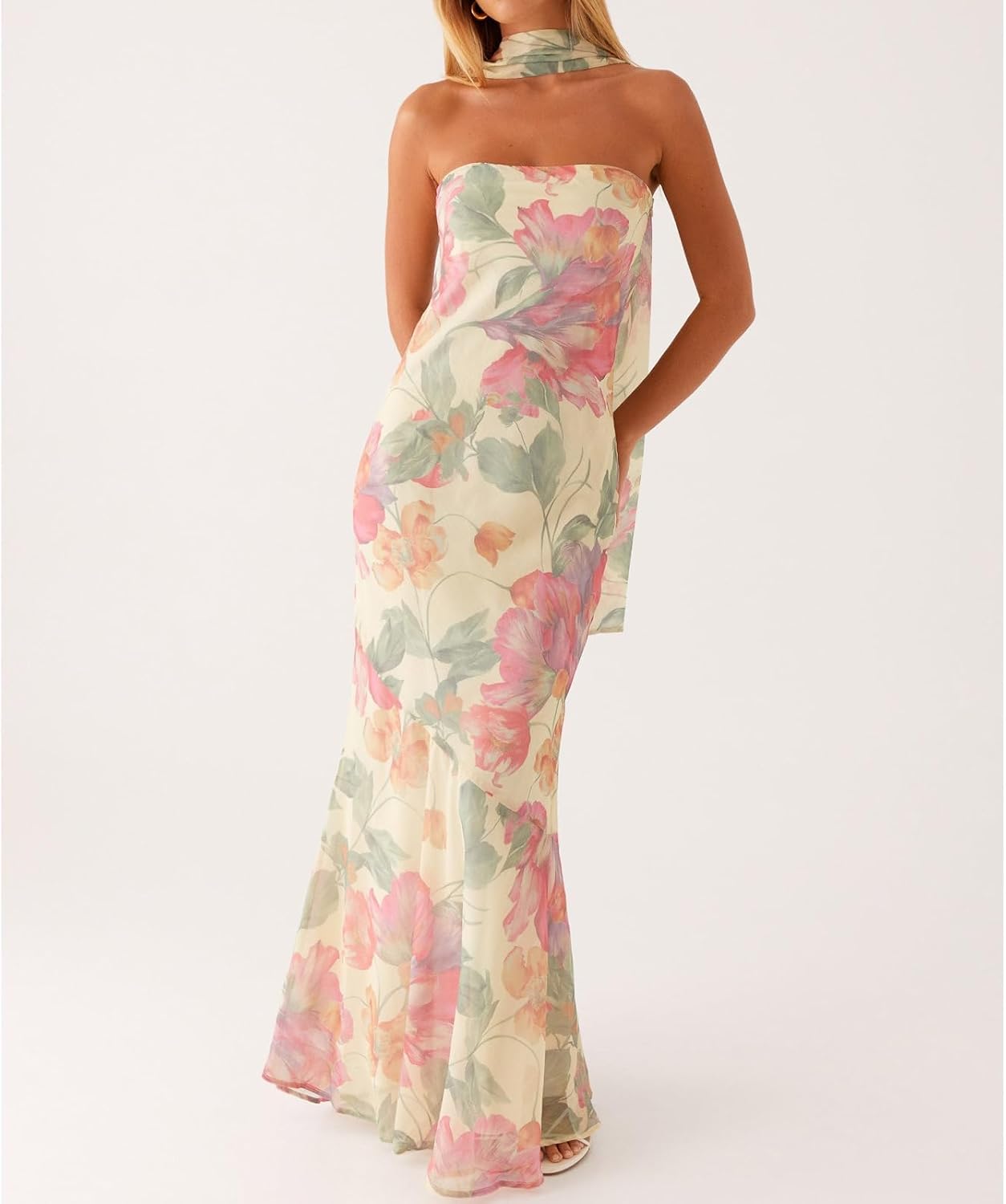 Edhomenn Women Y2K Floral Formal Strapless Maxi Dress Sexy Sleeveless Backless Mesh Long Bodycon Tube Summer Sundress - Image 2