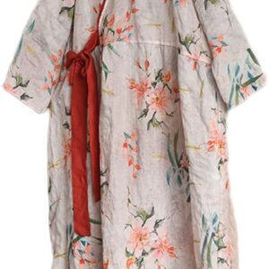 NFYM Women Linen Dress Casual Loose Bohemian Floral Contrast Color Belt Tie Waist Floral Maxi Dress with Pockets, Beige, One size