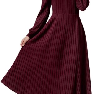 Fall Winter Midi Dress for Women UK Ladies Crew Neck Knitted A-Line Dresses Casual Long Sleeve Jumpers Dresses Soft Comfy Slim Fit Pullover Tunic Dress