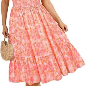 RITERA Womens Plus Size Summer Dresses V Neck Boho Floral Midi Dress Ruffle Sleeve Smocked Casual Sundress with Pockets