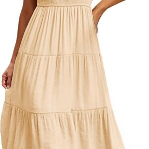 Yuson Girl Women Dresses Summer Beach Swing Ladies Dresses Boho Flowy Long Maxi Dresses Crewneck Ruffle Sleeve Smocked Elastic Waist Tiered Sundress