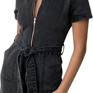 Denim Dresses Women UK Sale Clearance Summer Casual V Neck Midi Dress Zip Up Y2k Streewear Short Sleeve A-Line Mini Dress Beach Sundress Sexy Dresses Ladies Trendy Tunic Dresses with Pocket Belted