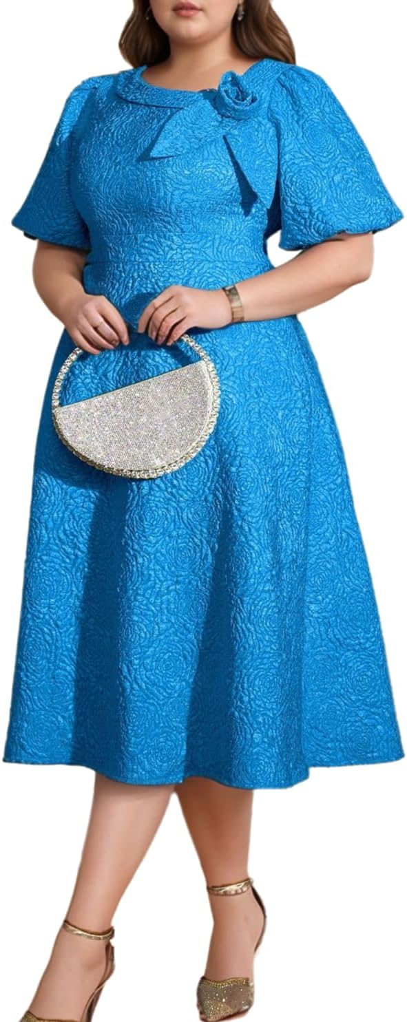ONTINVA Womens Floral Jacquard Flared Midi Dress Puff Sleeve Valentine Cocotail Formal Party Work A-Line Vintage Dresses