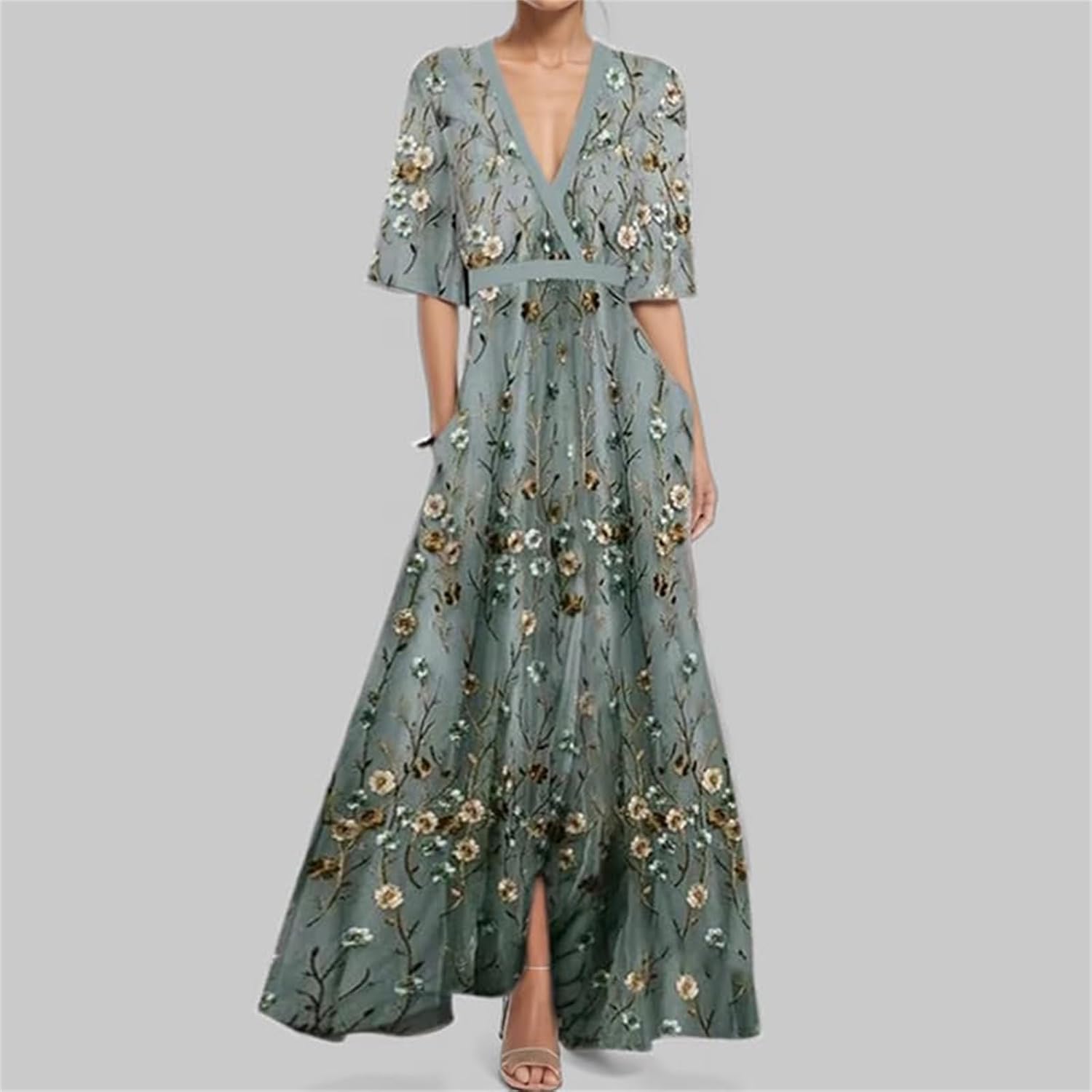 Womens Floral Printed Maxi Dress Spring Summer V Neck Flowy 3/4 Sleeve A Line Dress Elegant Beach Vacation Short Sleeve Dress - Image 2