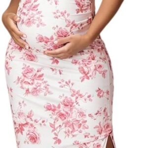 Women’s Maternity Elegant Mesh Off Shoulder Floral Party Long Gown Side Split Baby Shower Dress for Photoshoot