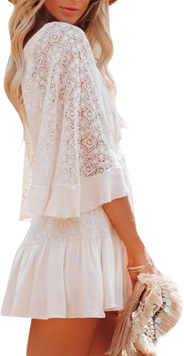 LYSINK Women Lace Cover Up Sexy Lace Floral Bikini Cover Ups Long Sleeves V Neck Cutout Crochet Mini Dress Summer Beachwear - Image 5