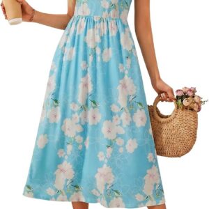 Summer Dresses for Women Crew Neck Ruffled Sleeves Maxi Dresses Casual Ladies High Waist A Line Elegant Floral Flowy Dresses Boho Beach Holiday Sundress with Pockets