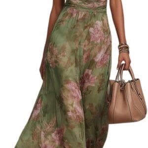 Women’s Halter Neck Floral Print Maxi Dress Ruched Flowy Long Dresses Fit and Flare High Waisted Elegant Cocktail Wedding Guest Sundress Sleeveless Off Shoulder Bohemian Outfits