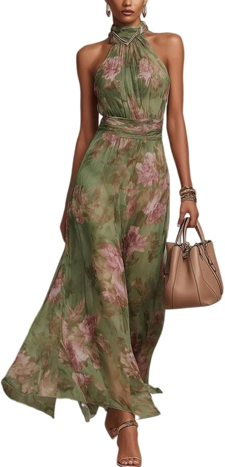 Women's Halter Neck Floral Print Maxi Dress Ruched Flowy Long Dresses Fit and Flare High Waisted Elegant Cocktail Wedding Guest Sundress Sleeveless Off Shoulder Bohemian Outfits
