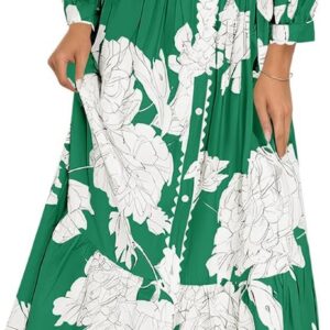 Wenrine Womens Maxi Shirt Dress Casual Floral Collared 3/4 Long Sleeve Drawstring Waist Fall Button Down Dresses