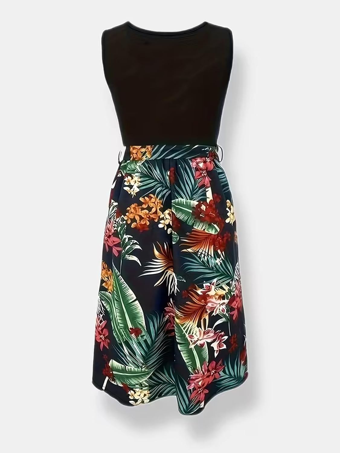 Spliced Tropical Floral Belted Midi Dress, Cold Crew Neck Sleeveless Four-Way Stretch Summer Sundress - Image 5