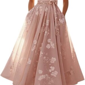Women’s Floral Wedding Guest Long Dresses – Ladies Elegant Sleeveless V Neck Prom Gown Vintage A-Line Swing Dress with Belted