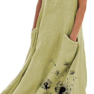 Cotton Linen Dress Maxi Kaftan Dresses for Women UK Elegant Sleeveless Casual Summer Dresses Plus Size Baggy Boho Sundress Floral Print Basic Tunic Dress Beach Holiday Boho Sundress with Pockets