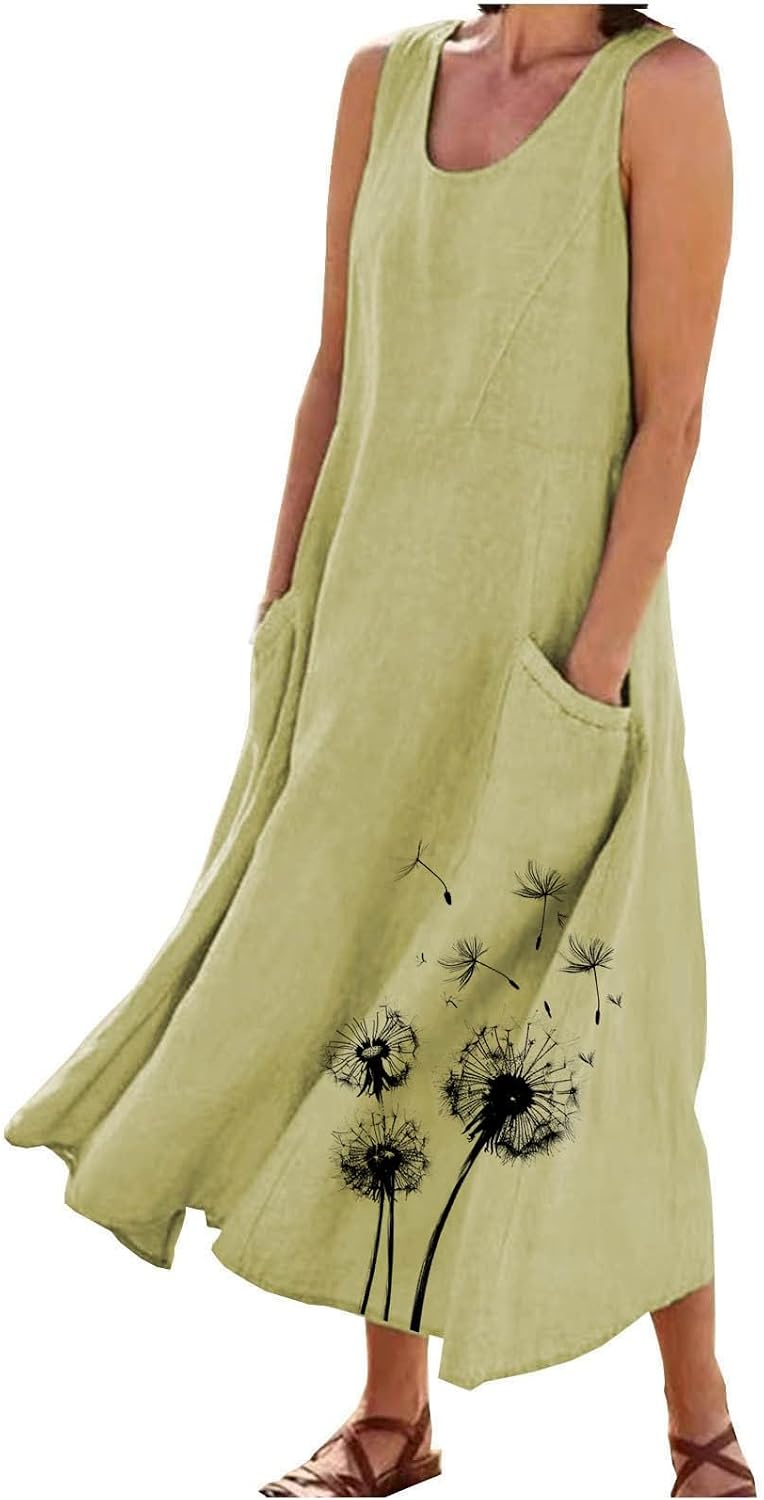 Cotton Linen Dress Maxi Kaftan Dresses for Women UK Elegant Sleeveless Casual Summer Dresses Plus Size Baggy Boho Sundress Floral Print Basic Tunic Dress Beach Holiday Boho Sundress with Pockets
