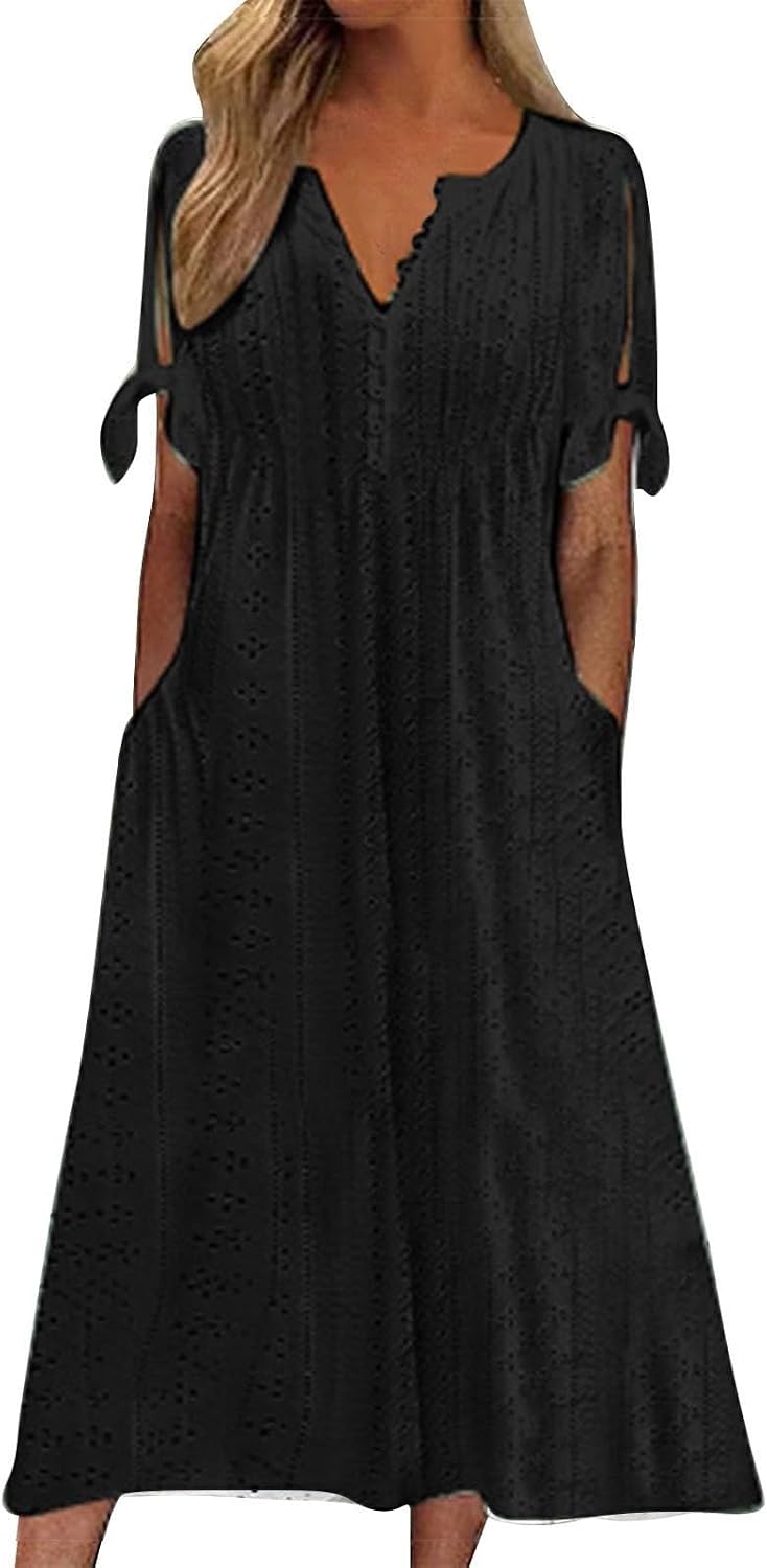 HOOUDO Summer Dresses for Women UK Loose Casual Maxi Dress Short Sleeve V Neck Tunic Flowy Pleated Beach Sundress Plus Size Ladies Boho Dress Holiday Dresses