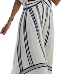 Zeiayuas Summer Dress for Women UK Striped Shirts Dresses Boho Beach Maxi Dresses V Neck Half Sleeve Oversized Tunic Baggy Casual Long Dress Floaty Summer 3/4 Sleeve Sundress for Office Work