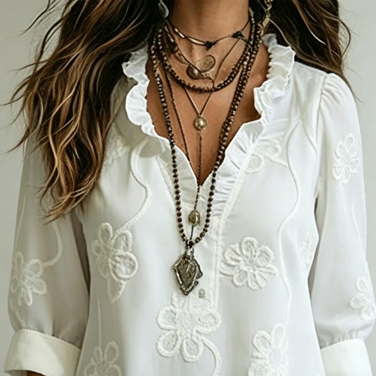 Women's Bohemian Style Floral Maxi Dress Ruffle Trim V Neck Long Sleeve Dress Casual Loose Dresses for Beach Vacation - Image 3