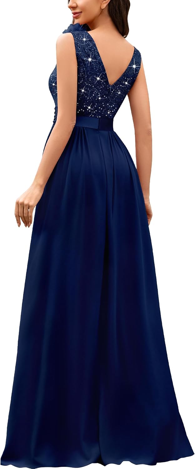 MIUSOL Women's Vintage V-Neck Sleeveless Sequined Lace Split Wedding Formal Evening Maxi Dress - Image 2