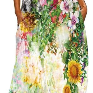 WINKEEY Women V-Neck Maxi Dress Floral Print Sleeveless Chic Bohemian Plus Size Long Dress with Pockets