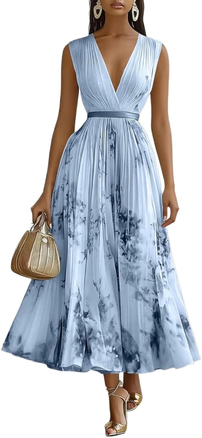 Wedding Guest Dresses for Women, Ladies V Neck Empire Waist Floral Dresses Summer Chiffon Dress Elegant Party Outfits Curvy Long Evening Skirts Women's Summer A Line Ball Gown