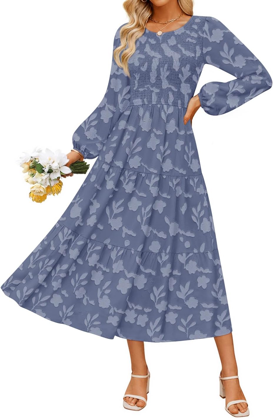 ZESICA Women's Fall Boho Floral Midi Dress 2025 Casual Long Sleeve Crewneck Flowy Wedding Guest Long Dresses