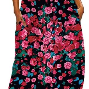 WINKEEY Women V-Neck Maxi Dress Floral Print Sleeveless Chic Bohemian Plus Size Long Dress with Pockets