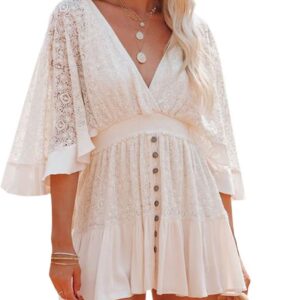 LYSINK Women Lace Cover Up Sexy Lace Floral Bikini Cover Ups Long Sleeves V Neck Cutout Crochet Mini Dress Summer Beachwear