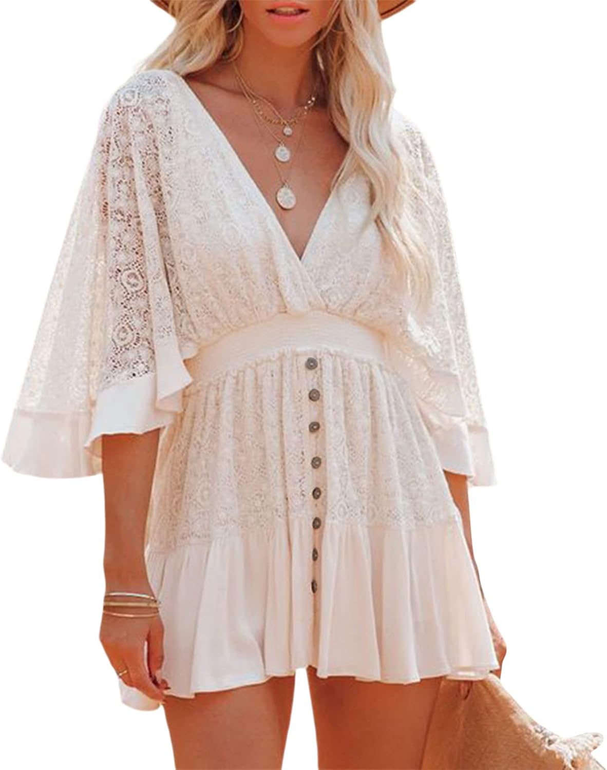LYSINK Women Lace Cover Up Sexy Lace Floral Bikini Cover Ups Long Sleeves V Neck Cutout Crochet Mini Dress Summer Beachwear