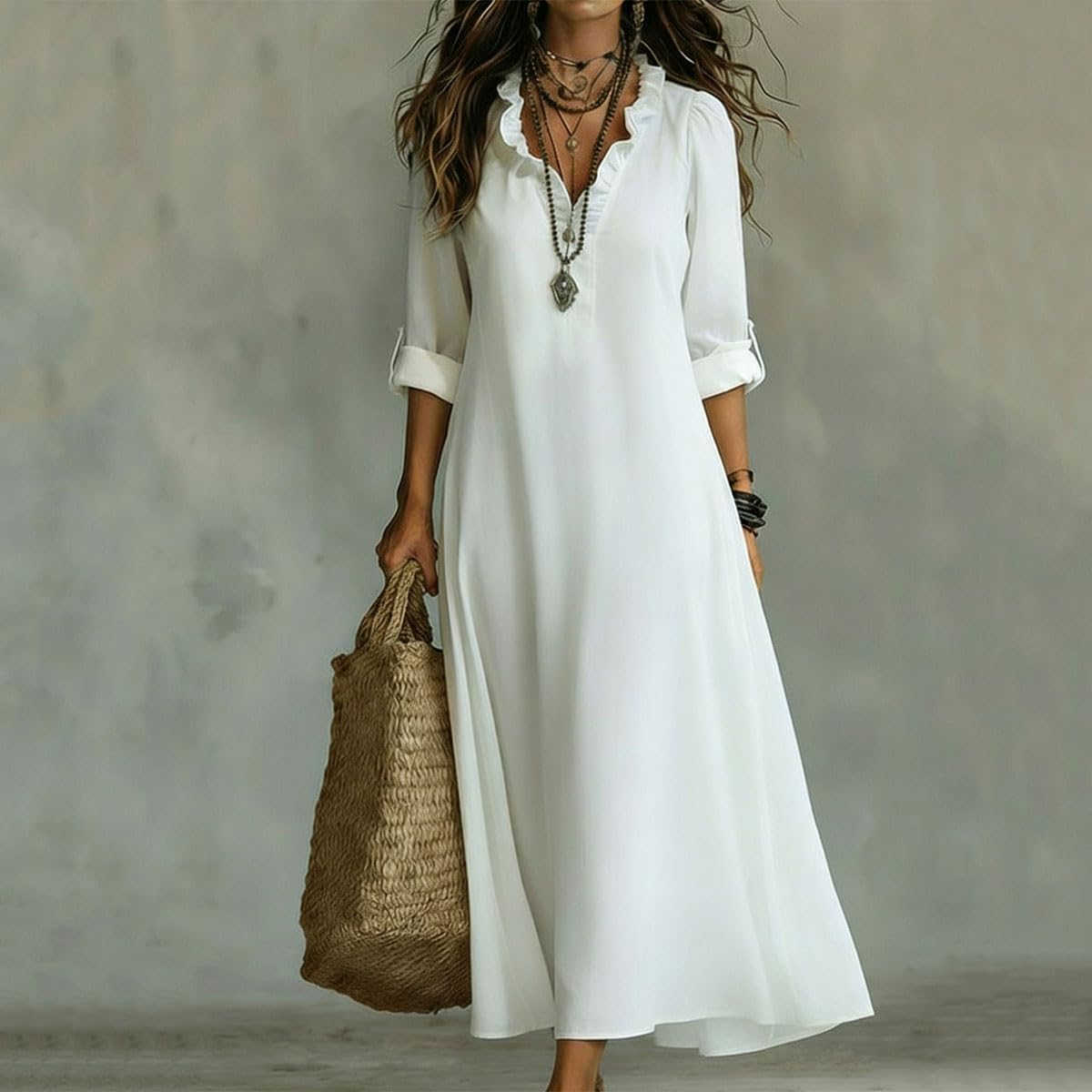 Women's Bohemian Style Floral Maxi Dress Ruffle Trim V Neck Long Sleeve Dress Casual Loose Dresses for Beach Vacation - Image 4