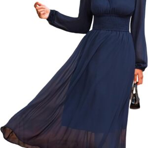 CUPSHE Women’s Fall V Neck Long Sleeve Maxi Dresses Smocked Waist Elegant Cocktail Wedding Guest Dress