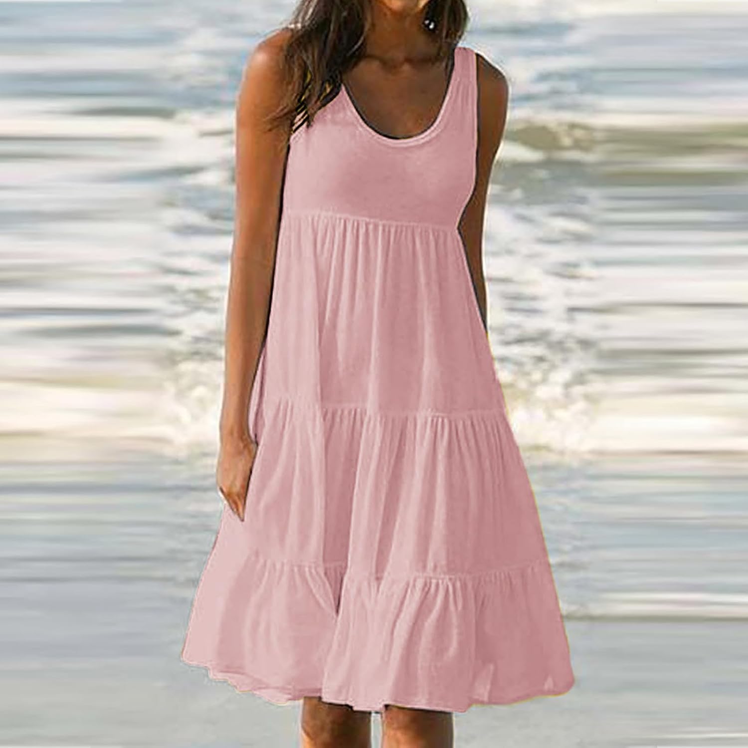 Women's Gradient Printed Sleeveless Beach Dresses, Casual Round Neck Plus Size Dress, Summer Loose Fitted Midi Dress - Image 2