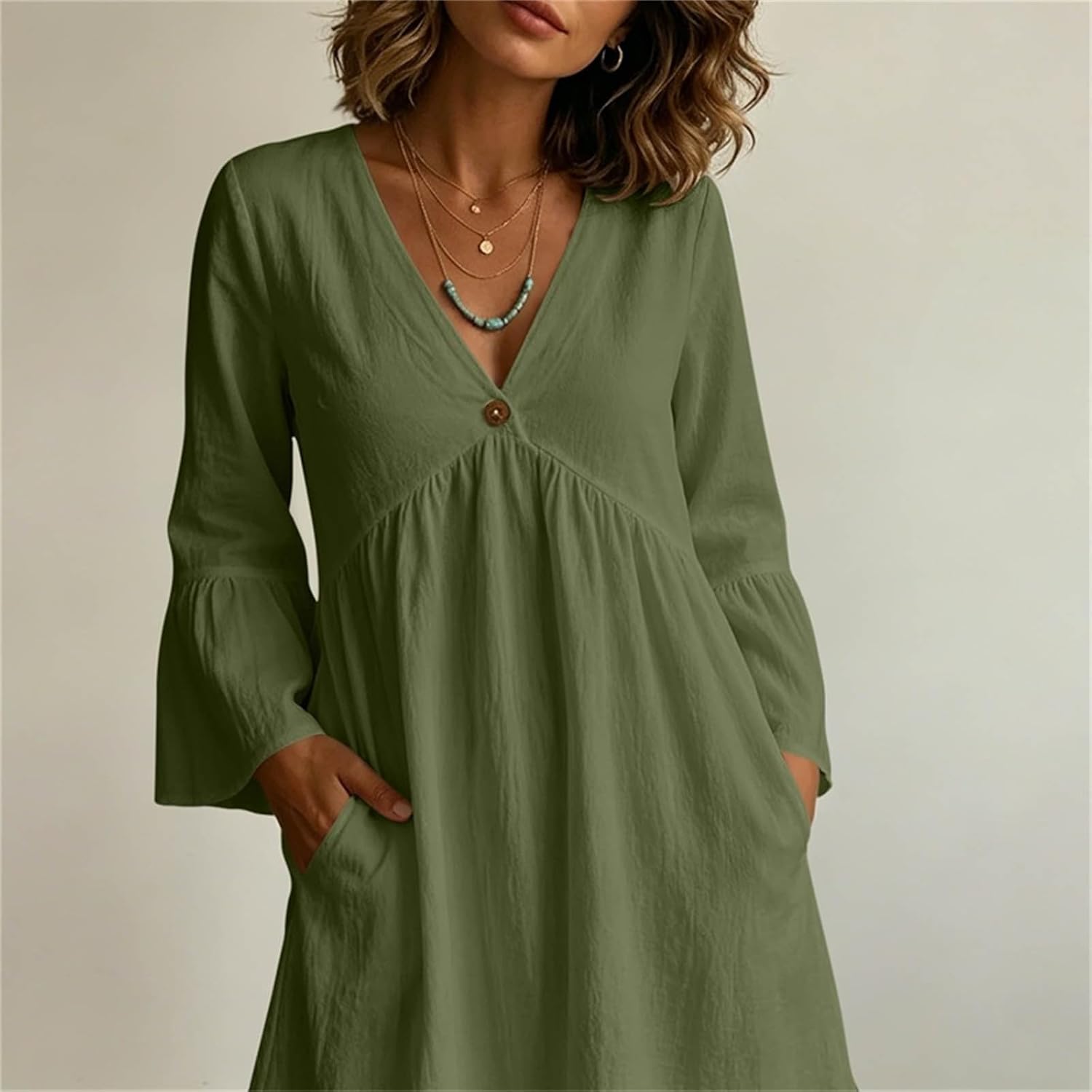 Summer Dress for Women UK V Neck 3/4 Sleeve Ruffle Dresses with Pockets Ladies Solid Color Boho Beach Midi Dresses Oversized Tunic Baggy Casual Long Dress Floaty Summer Sundress for Office Work - Image 3