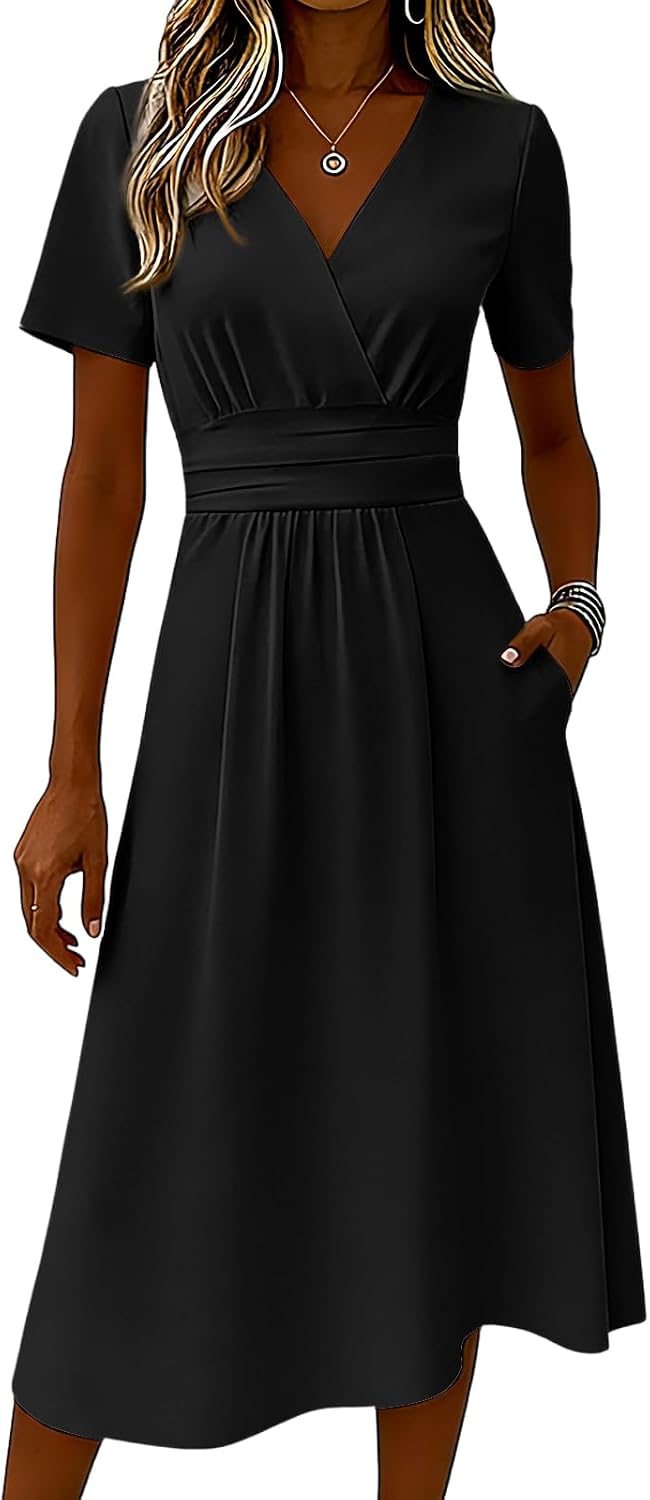 Summer Dresses for Women UK V Neck Flowy Short Sleeve Wrap Dress Midi Boho Casual Dresses Solid Color Vacation Sunshine Dress - Image 2