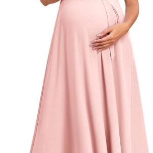 AISWI Elegant 3D Floral Mesh Sleeve Maternity Dress Round Neck Ribbed Knit Midi A-Line Belted Dresses for Baby Shower