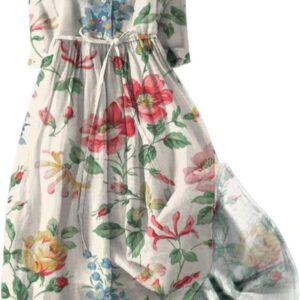 Boho Dresses for Women Button Round Sleeve Short Sleeve Midi Dress Italian Floral Priant Casual Sundress Flowy Elegant Style Dress with Tie Halter Holiday Vacation Wear