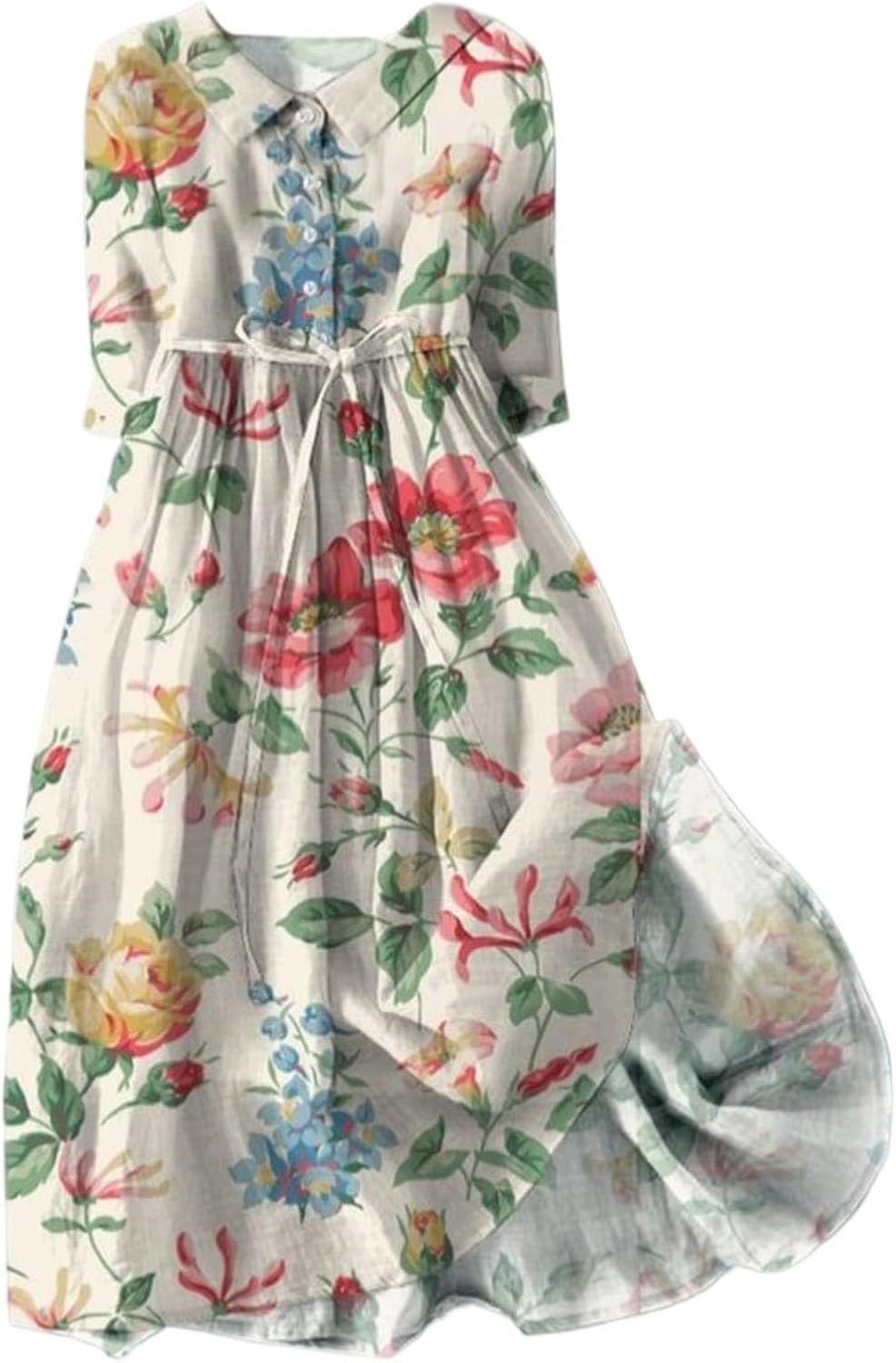 Boho Dresses for Women Button Round Sleeve Short Sleeve Midi Dress Italian Floral Priant Casual Sundress Flowy Elegant Style Dress with Tie Halter Holiday Vacation Wear