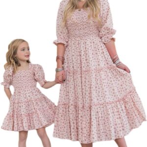 FeMereina Mommy and Me Floral Dresses Boho Flowy Long Sleee Smocked Tiered Spring Fall Mother Daughter Matching Dresses